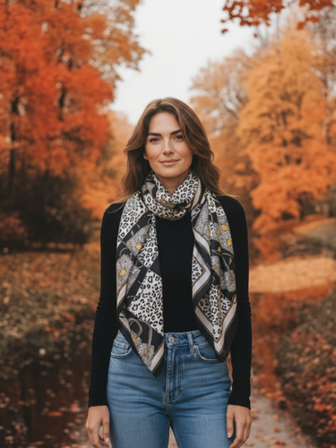 Malissa J GC21354 Black Leopard Print Design Satin Scarf – luxury women’s satin scarf with leopard and bag pattern in black, white and gold tones. Elegant printed accessory for sophisticated everyday and evening outfits.