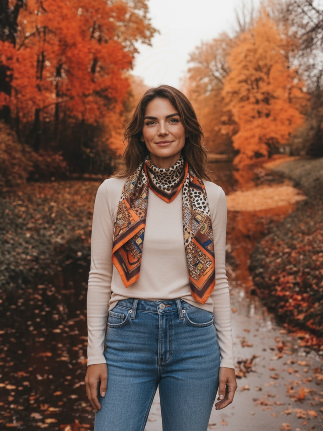Malissa J GC21354 Tan Leopard Print Design Satin Scarf – luxury women’s satin scarf with leopard and bag pattern in tan and orange tones. Stylish printed scarf for elegant autumn and winter outfits.