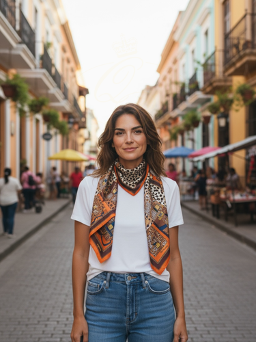 Malissa J GC21354 Tan Leopard Print Design Satin Scarf – luxury women’s satin scarf with leopard and bag pattern in tan and orange tones. Stylish printed scarf for elegant autumn and winter outfits.
