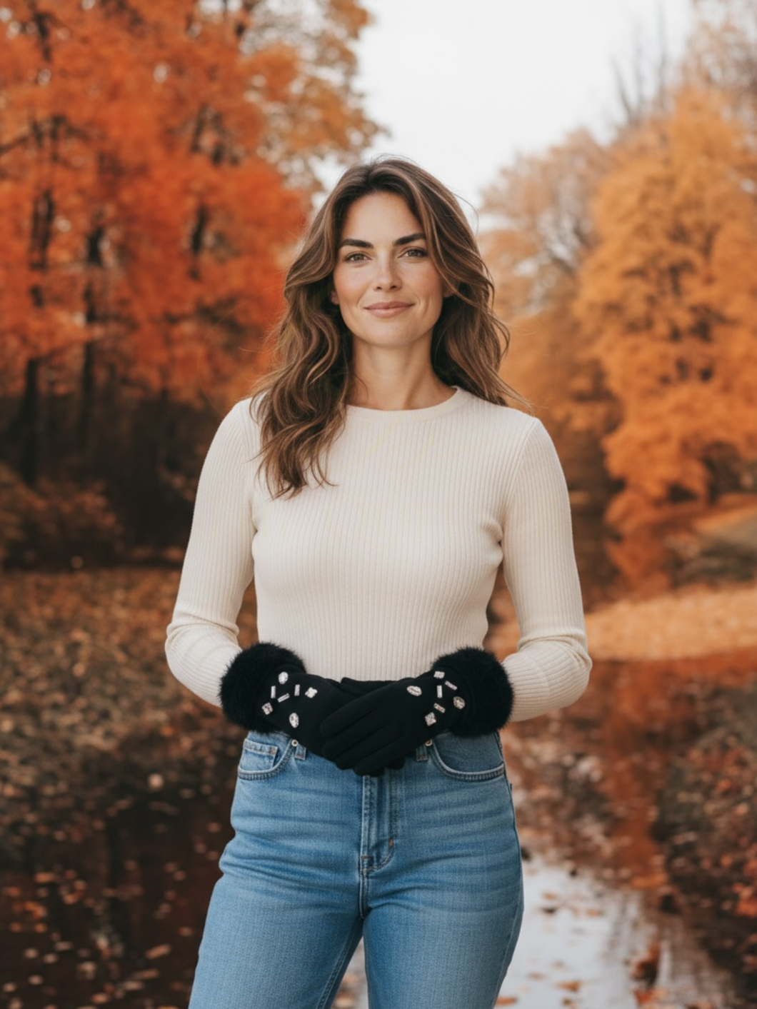 Malissa J GC21631 Black Mock Suede Gloves – women’s luxury faux fur gloves in black suede with crystal embellishments and plush cuffs. Elegant winter gloves perfect for stylish cold-weather outfits.