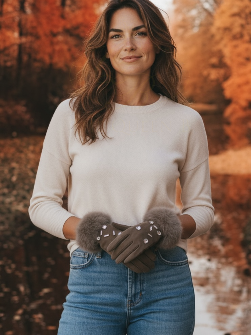 Malissa J GC21631 Stone Mock Suede Gloves – women’s luxury faux fur gloves in soft stone suede with crystal embellishments and plush cuffs. Elegant winter gloves perfect for stylish cold-weather outfits.
