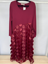 Load image into Gallery viewer, Elegant wine red midi dress with long sleeves, featuring a round neckline and textured polka dot mesh overlay
