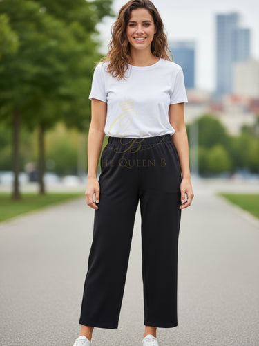 Malissa J WF2484 black straight leg trousers - elasticated waist neutral women’s trousers for smart casual and everyday wear.