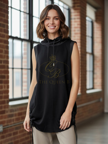 Malissa J WF2515 black sleeveless top - women’s drawstring high neck asymmetric hem top, chic smart casual fashion piece.