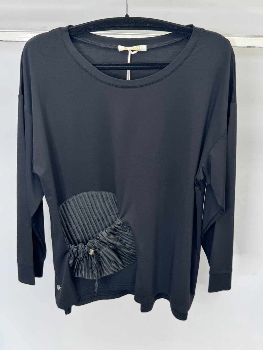 Malissa J WF2518 Black Co-Ord women’s top with round neck, long sleeves and statement pocket detail – matching co-ord set with trousers.