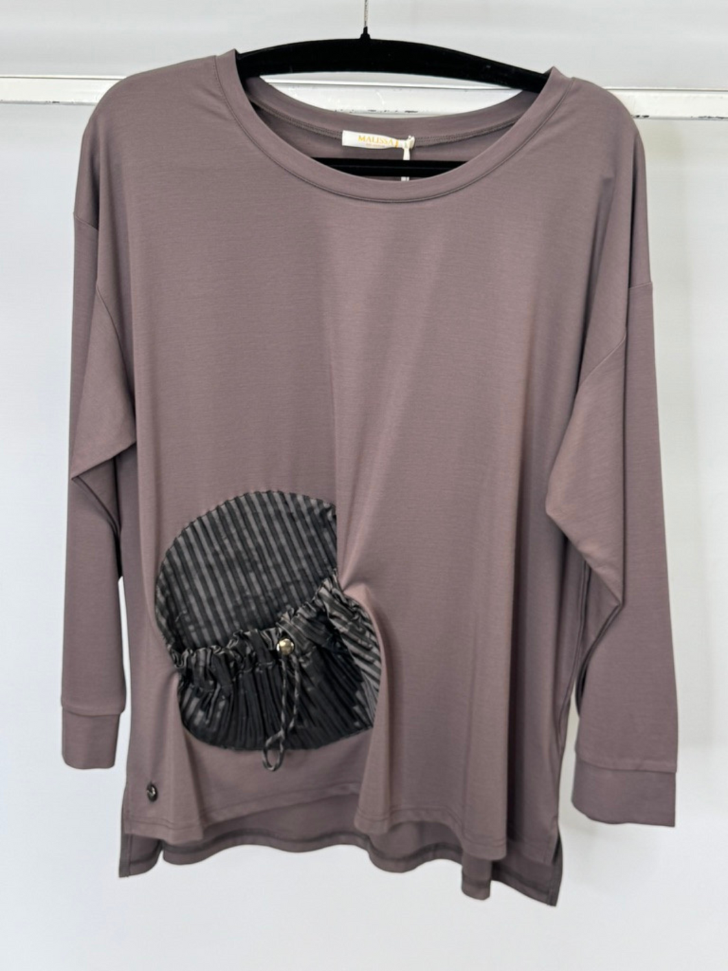 Malissa J WF2518 Mushroom Co-Ord women’s top with round neck, long sleeves and statement pocket detail -matching co-ord set with trousers.