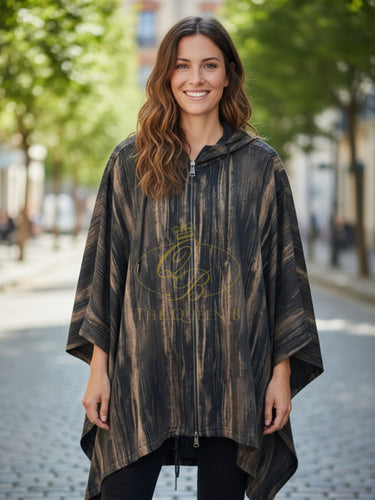 Malissa J bronze zip up jacket for women - abstract print hooded jacket with asymmetrical hemline, lightweight stylish outerwear for casual, travel and smart-casual looks.