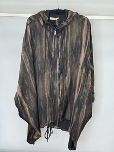 Malissa J bronze zip up jacket for women - abstract print hooded jacket with asymmetrical hemline, lightweight stylish outerwear for casual, travel and smart-casual looks.