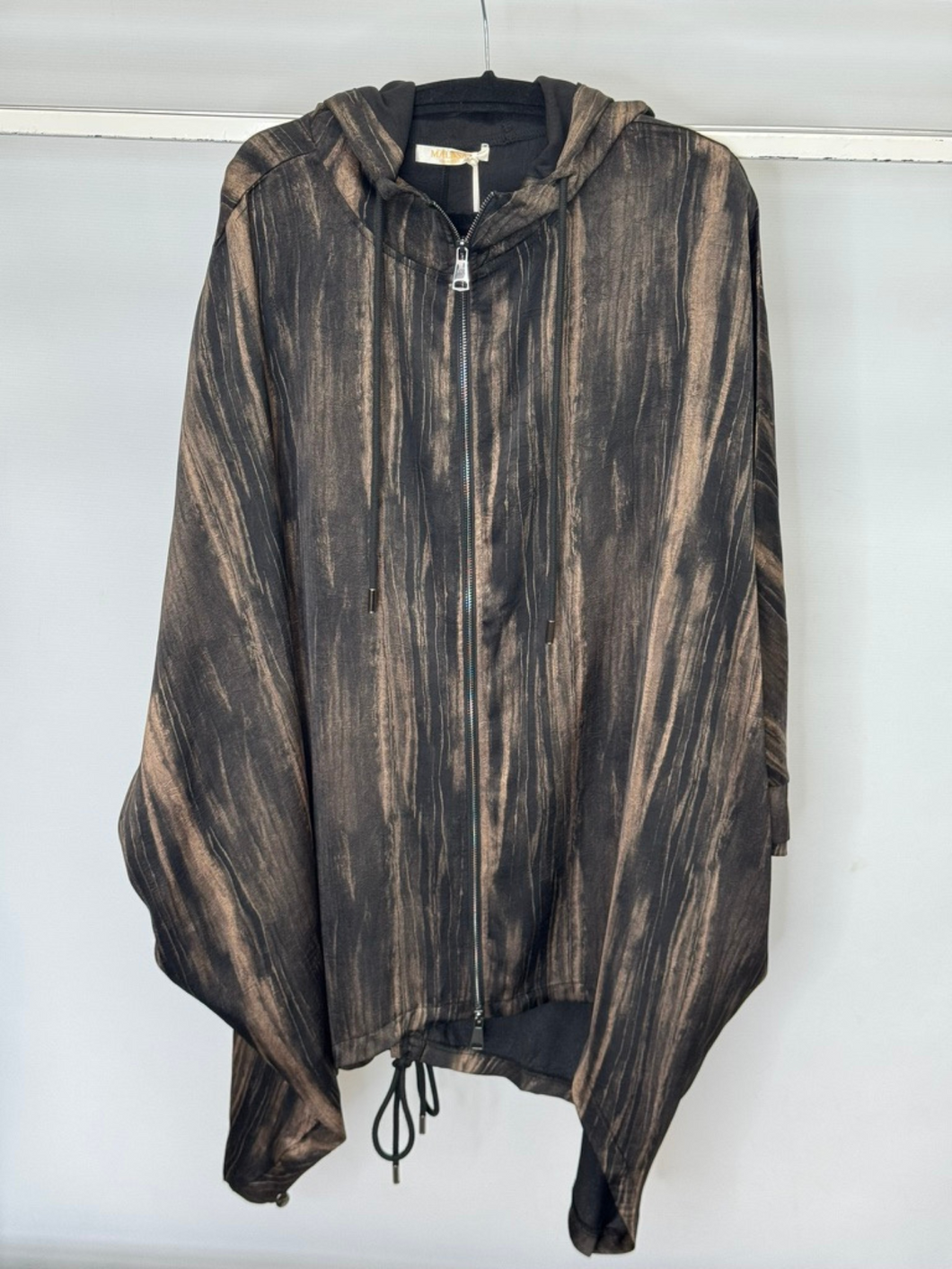 Malissa J bronze zip up jacket for women - abstract print hooded jacket with asymmetrical hemline, lightweight stylish outerwear for casual, travel and smart-casual looks.