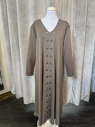 Malissa J WF2549 mushroom V-neck long-sleeve dress with eyelet front-women’s jersey midi dress for day-to-night outfits.