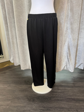 Load image into Gallery viewer, Malissa J WF2551 black PU strip straight-leg trousers with elasticated waistband-women’s versatile smart-casual pull-on pants.
