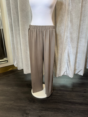 Malissa J WF2551 mushroom PU strip straight-leg trousers with elasticated waistband-women’s versatile smart-casual pull-on pants.