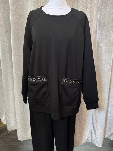 Malissa J WF2555 Black PU Top with long sleeves and PU-trim pockets-women’s neutral longline top with eyelet detail.