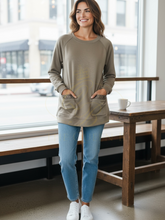 Load image into Gallery viewer, Malissa J WF2555 Mushroom PU Top with long sleeves and PU-trim pockets-women’s neutral longline top with eyelet detail.
