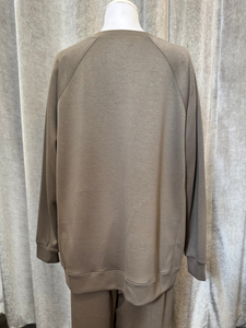 Malissa J WF2555 Mushroom PU Top with long sleeves and PU-trim pockets-women’s neutral longline top with eyelet detail.
