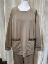 Load image into Gallery viewer, Malissa J WF2555 Mushroom PU Top with long sleeves and PU-trim pockets-women’s neutral longline top with eyelet detail.
