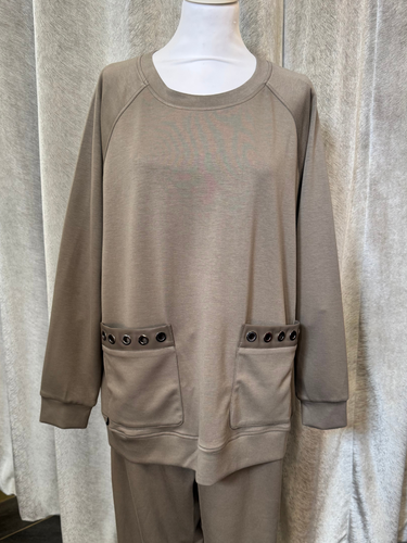 Malissa J WF2555 Mushroom PU Top with long sleeves and PU-trim pockets-women’s neutral longline top with eyelet detail.
