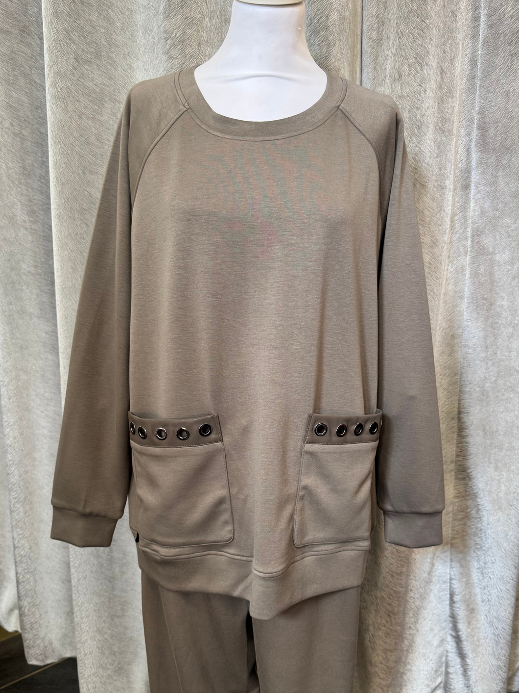 Malissa J WF2555 Mushroom PU Top with long sleeves and PU-trim pockets-women’s neutral longline top with eyelet detail.