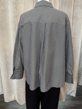 Load image into Gallery viewer, Malissa J WF2557 black and white woven shirt with stripe and diamond pattern-women’s long-sleeve collared shirt for smart-casual and office wear.
