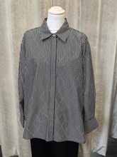 Load image into Gallery viewer, Malissa J WF2557 black and white woven shirt with stripe and diamond pattern-women’s long-sleeve collared shirt for smart-casual and office wear.
