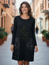 Load image into Gallery viewer, Malissa J WF2561 Black Pleated Dress – women’s black dress with pleated pockets, 3/4 sleeve smart casual dress for workwear, evening and everyday wear.
