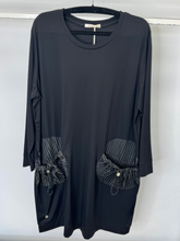 Load image into Gallery viewer, Malissa J WF2561 Black Pleated Dress – women’s black dress with pleated pockets, 3/4 sleeve smart casual dress for workwear, evening and everyday wear.

