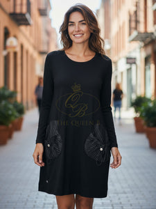 Malissa J WF2561 Black Pleated Dress – women’s black dress with pleated pockets, 3/4 sleeve smart casual dress for workwear, evening and everyday wear.