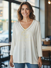 Load image into Gallery viewer, Malissa J white long sleeve V-neck top with silver stud eyelet detail - women’s chic evening blouse, versatile smart-casual fashion top.
