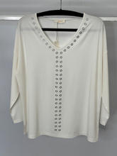 Load image into Gallery viewer, Malissa J white long sleeve V-neck top with silver stud eyelet detail - women’s chic evening blouse, versatile smart-casual fashion top.
