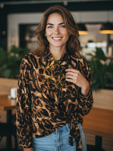 Malissa J WF2572 women’s leopard print shirt – longline wrap shirt with button-down front, tie waist detail and collared neckline in brown and black animal print