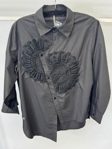 Malissa J black beaded woven shirt -women’s embellished long sleeve button-down blouse with embroidery detail, perfect for workwear and evening style