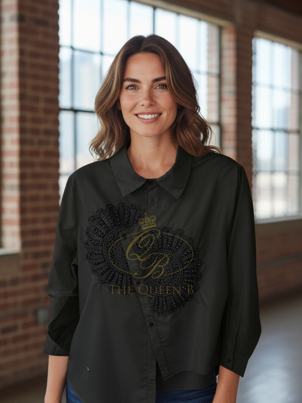 Malissa J black beaded woven shirt -women’s embellished long sleeve button-down blouse with embroidery detail, perfect for workwear and evening style