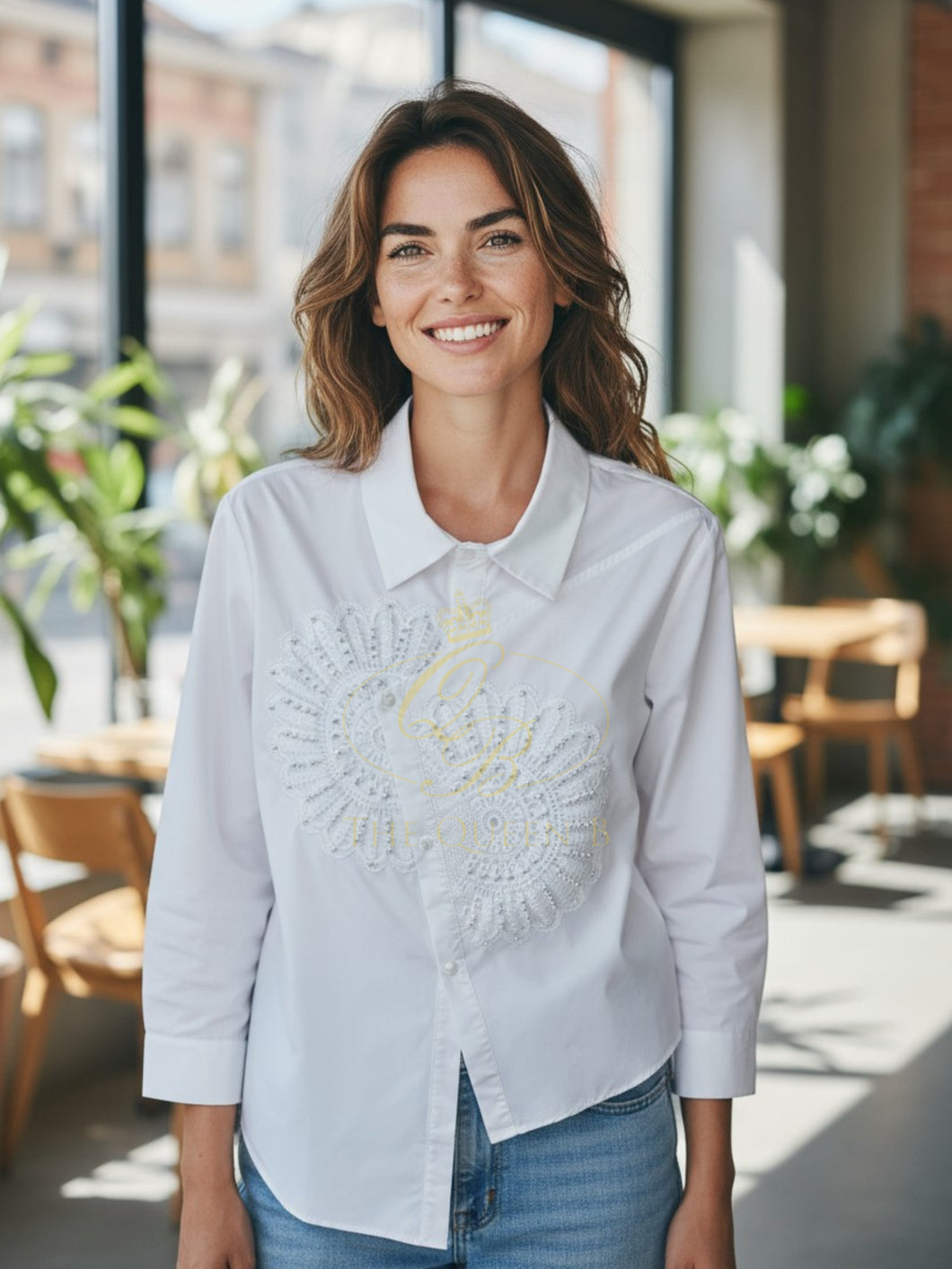 Malissa J white beaded woven shirt – women’s embellished long sleeve button-down blouse with embroidery detail, perfect for workwear and evening style.