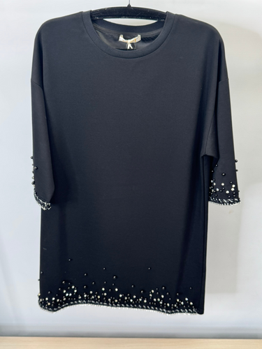 Malissa J black round neck jersey dress with chain detail - women’s embellished dress with chain trim, elegant evening and smart-casual style.