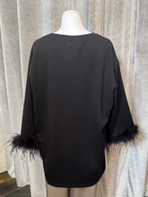 Load image into Gallery viewer, Malissa J WF2595 black top with feather-trim sleeves and studded detailing-women’s embellished evening top for parties and special occasions
