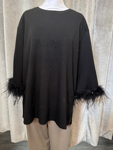 Malissa J WF2595 black top with feather-trim sleeves and studded detailing-women’s embellished evening top for parties and special occasions