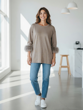 Load image into Gallery viewer, Malissa J WF2595 mushroom top with feather-trim sleeves and studded detailing-women’s embellished evening top for parties and special occasions
