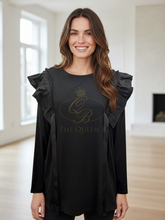 Load image into Gallery viewer, Malissa J WF2598 black top with ruffle shoulder detail and ribbon trims-women’s elegant long-sleeve blouse for day-to-night outfits
