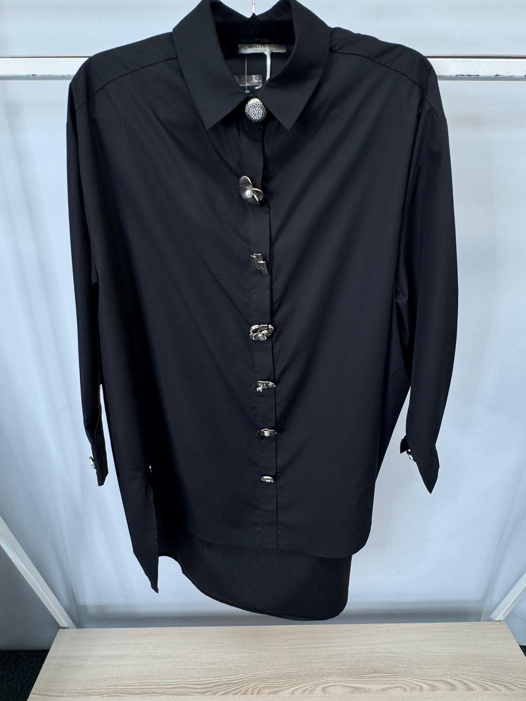 Malissa J black oversized women’s shirt with statement buttons - long sleeve collared fashion shirt for casual, workwear and evening outfit