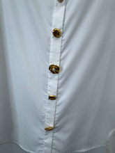Load image into Gallery viewer, Malissa J white oversized women’s shirt with gold statement buttons - long sleeve collared fashion shirt for casual, office wear and evening outfits.
