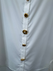 Malissa J white oversized women’s shirt with gold statement buttons - long sleeve collared fashion shirt for casual, office wear and evening outfits.