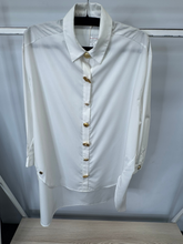 Load image into Gallery viewer, Malissa J white oversized women’s shirt with gold statement buttons - long sleeve collared fashion shirt for casual, office wear and evening outfits.
