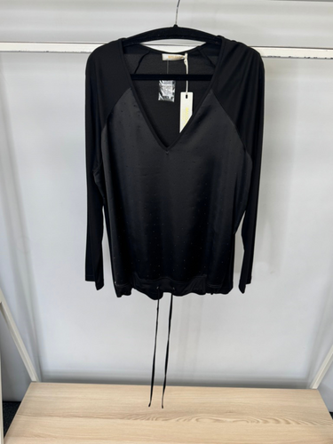 Malissa J black jet studded V-neck top for women - long sleeve sparkle blouse with drawstring hem, versatile day-to-night fashion top.
