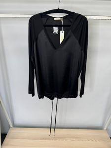 Malissa J black jet studded V-neck top for women - long sleeve sparkle blouse with drawstring hem, versatile day-to-night fashion top.