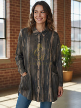 Load image into Gallery viewer, Malissa J WF2608A bronze shirt for women - longline abstract print button-down blouse with collar, cuffed sleeves and side pockets. Elegant layering shirt for casual, smart or evening wear.

