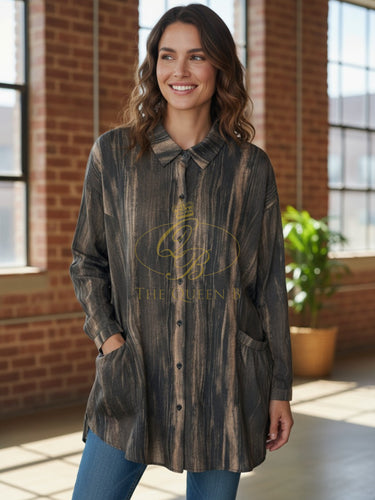 Malissa J WF2608A bronze shirt for women - longline abstract print button-down blouse with collar, cuffed sleeves and side pockets. Elegant layering shirt for casual, smart or evening wear.