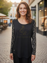 Load image into Gallery viewer, Malissa J WF2621 black mesh sleeve top with abstract spot detail-women’s round neck top for day-to-night outfits.
