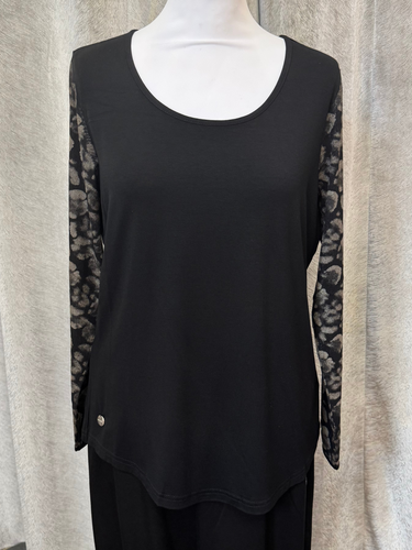 Malissa J WF2621 black mesh sleeve top with abstract spot detail-women’s round neck top for day-to-night outfits.