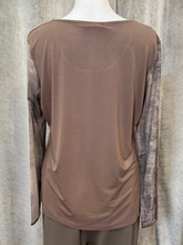 Load image into Gallery viewer, Malissa J WF2621 mushroom mesh sleeve top with abstract detail-women’s round neck top for versatile day-to-night outfits
