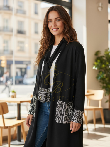 Malissa J WF2639 black knitted coatigan with animal print pockets and matching scarf—two-piece women’s longline knitwear set